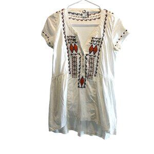 Anthropologie Akemi + Kin Embroidered Shirt Tunic Short Sleeve White Size XS